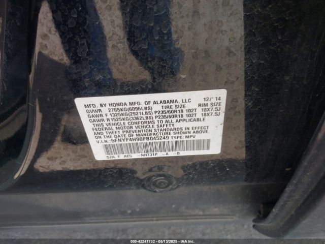 5FNYF4H90FB045249 Honda Pilot Touring