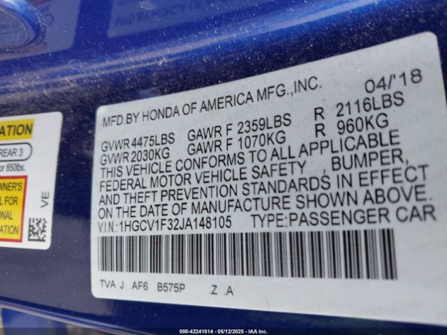 1HGCV1F32JA148105 Honda Accord Sport