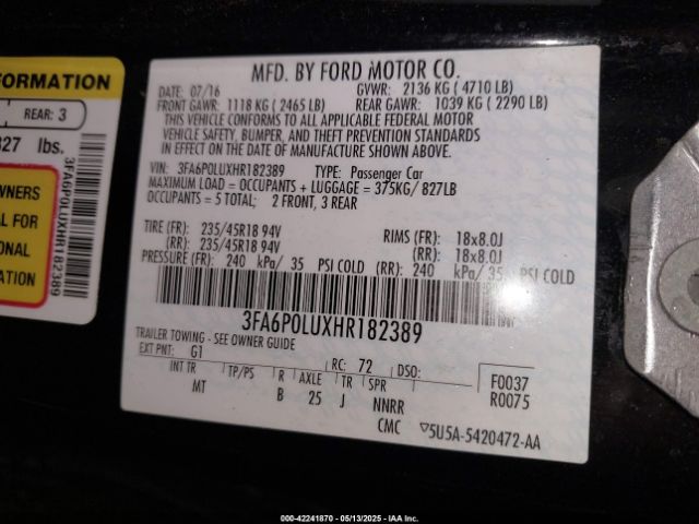 3FA6P0LUXHR182389 Ford Fusion Hybrid Se
