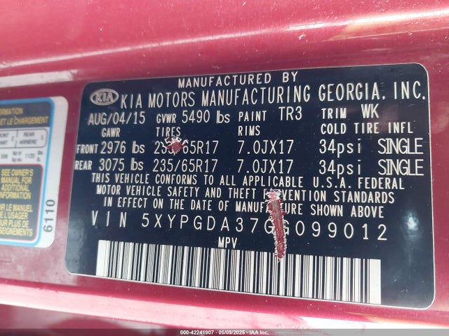 5XYPGDA37GG099012 KIA Sorento 2.4l Lx
