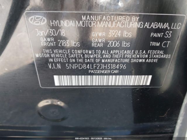 5NPD84LF2JH318496 Hyundai ELANTRA SEL