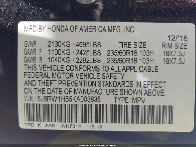 5J6RW1H55KA003835 Honda CR-V EX