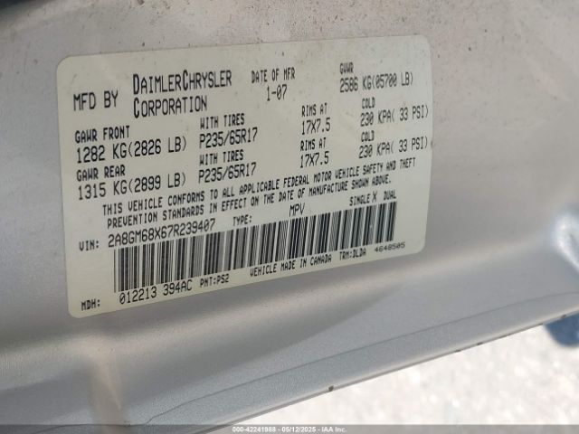 2007 CHRYSLER PACIFICA 2A8GM68X67R239407 Photo 8
