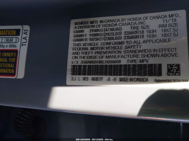 2HKRW2H88LH604608 Honda Cr-v Awd Ex-l