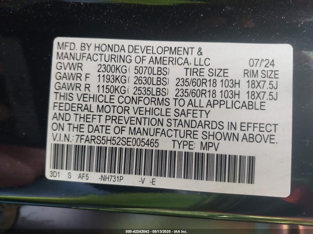 7FARS5H52SE005465 Honda Cr-v Hybrid Sport