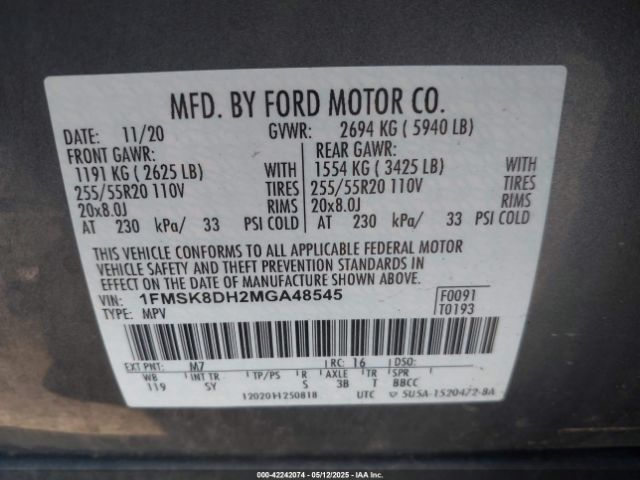 1FMSK8DH2MGA48545 Ford EXPLORER XLT