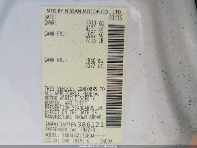 1N4AL3AP7FN386121 Nissan Altima 2.5/2.5 S/2.5 Sl/2.5 Sv