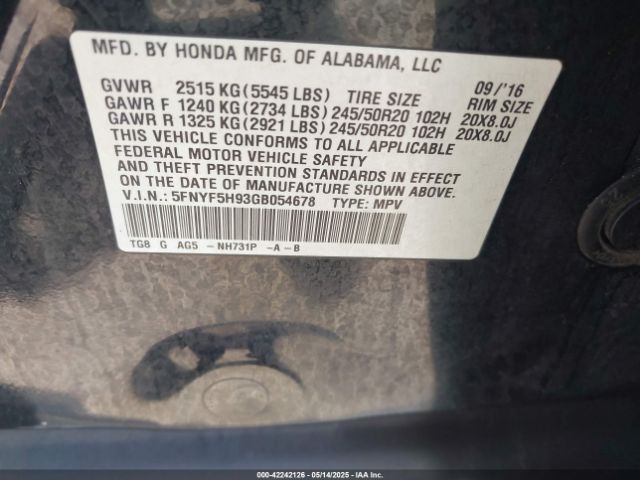 5FNYF5H93GB054678 Honda Pilot Touring
