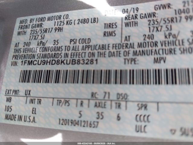 1FMCU9HD8KUB83281 Ford ESCAPE SEL
