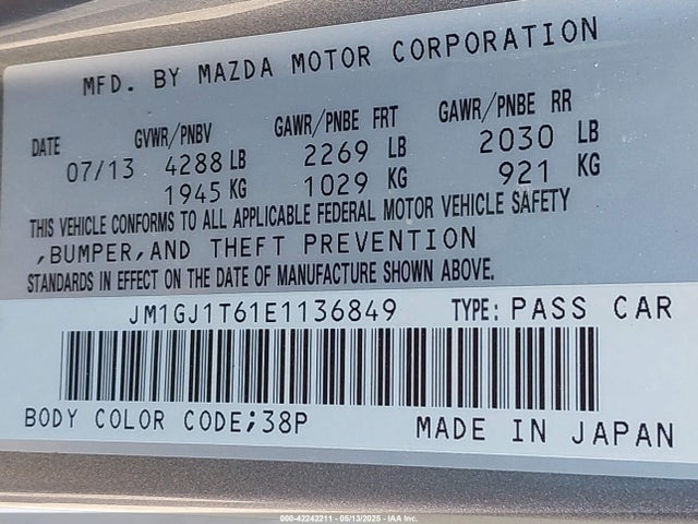 JM1GJ1T61E1136849 Mazda Mazda6 I Touring