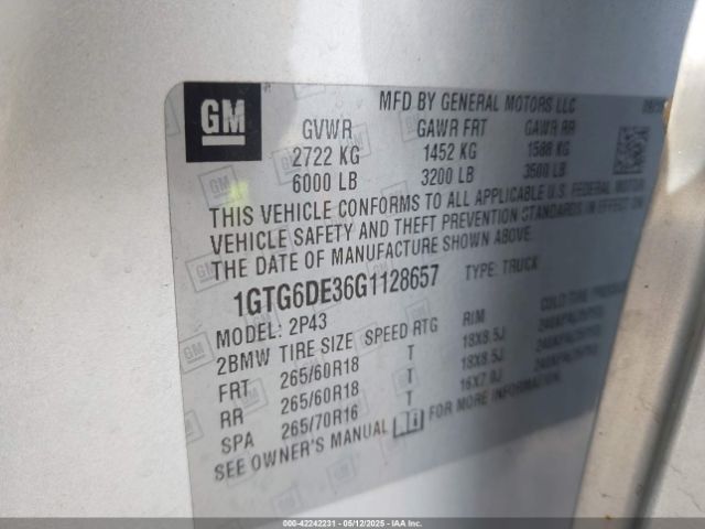 1GTG6DE36G1128657 GMC CANYON SLT