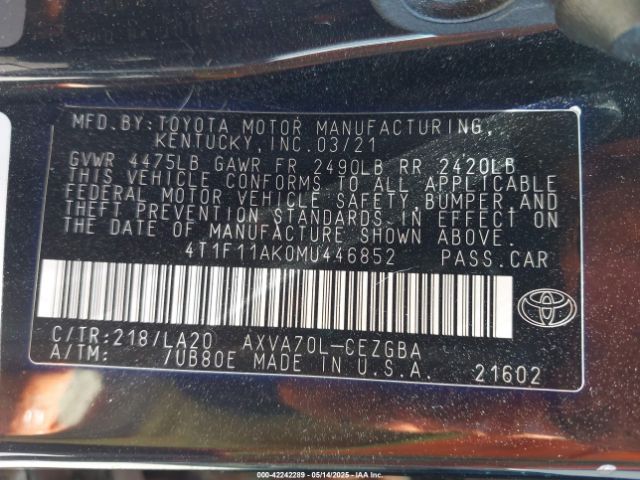4T1F11AK0MU446852 Toyota CAMRY XLE