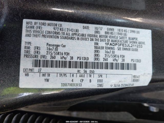 1FADP3FE3JL211233 Ford FOCUS SE