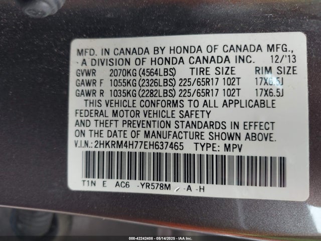 2HKRM4H77EH637465 Honda Cr-v Ex-l