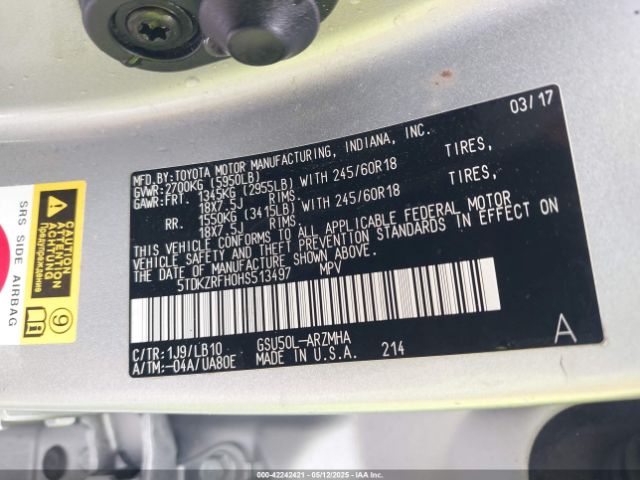 2017 TOYOTA HIGHLANDER 5TDKZRFH0HS513497 Photo 8