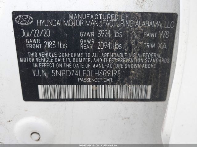 5NPD74LF0LH609195 Hyundai ELANTRA SE