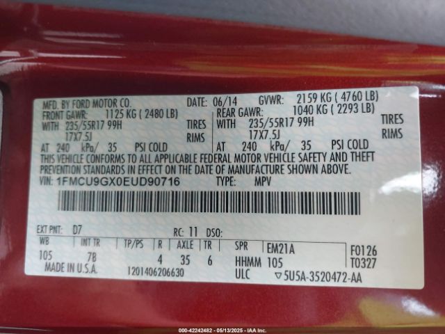 1FMCU9GX0EUD90716 Ford ESCAPE SE