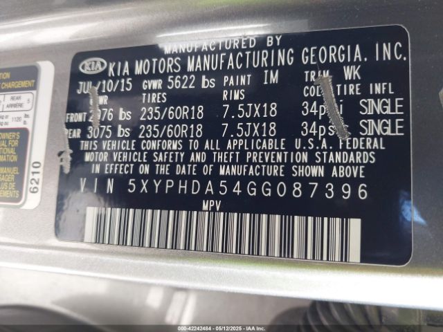 5XYPHDA54GG087396 KIA Sorento 3.3l Ex