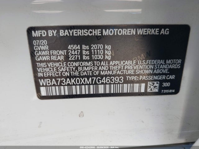 WBA73AK0XM7G46393 BMW 2021