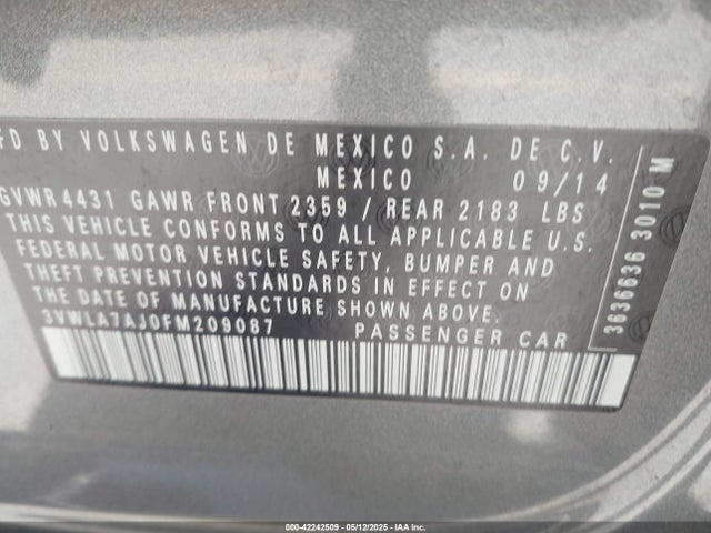 3VWLA7AJ0FM209087 Volkswagen 2015