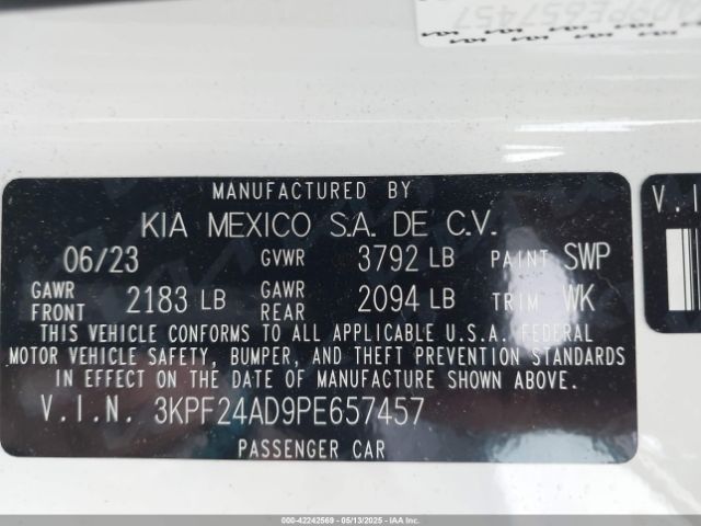 3KPF24AD9PE657457 KIA Forte Lxs