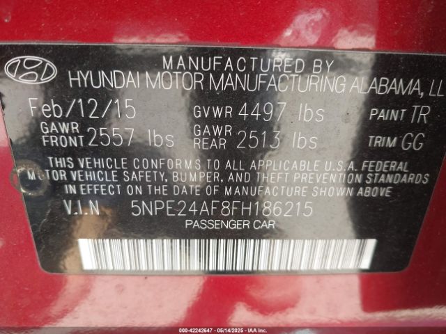5NPE24AF8FH186215 Hyundai SONATA SE