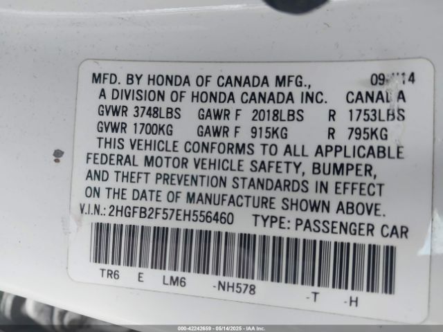 2HGFB2F57EH556460 Honda r18z1