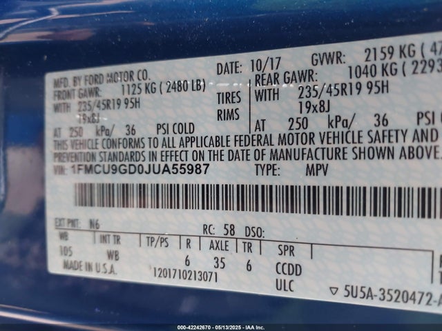 1FMCU9GD0JUA55987 Ford ESCAPE SE