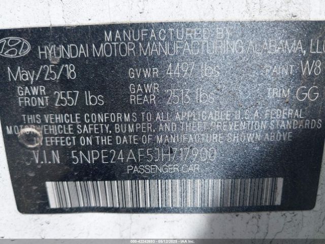 5NPE24AF5JH717900 Hyundai SONATA SE
