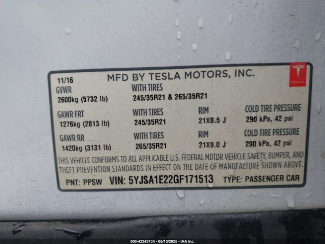 5YJSA1E22GF171513 Tesla Model S 60d/70d/75d/85d/90d