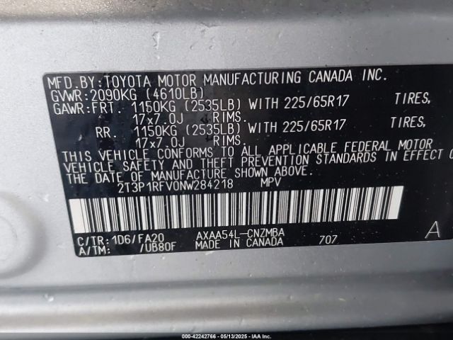 2T3P1RFV0NW284218 Toyota Rav4 Xle