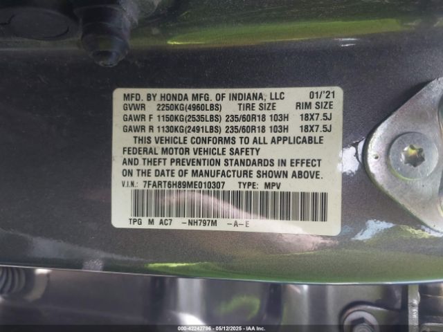 7FART6H89ME010307 Honda Cr-v Hybrid Ex-l