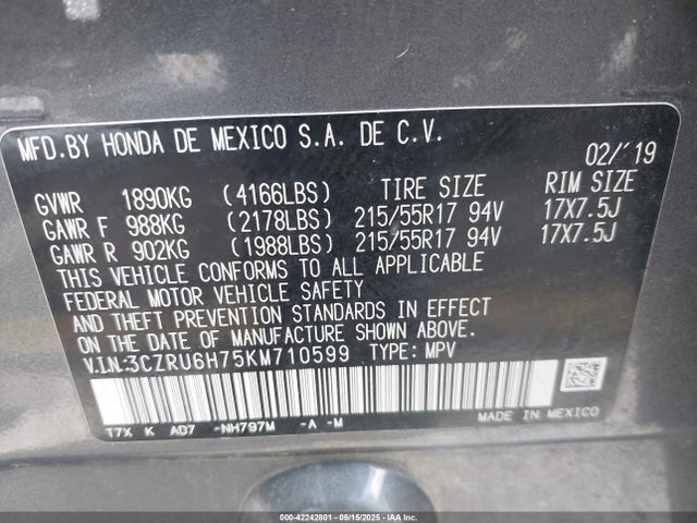 3CZRU6H75KM710599 Honda r18z9