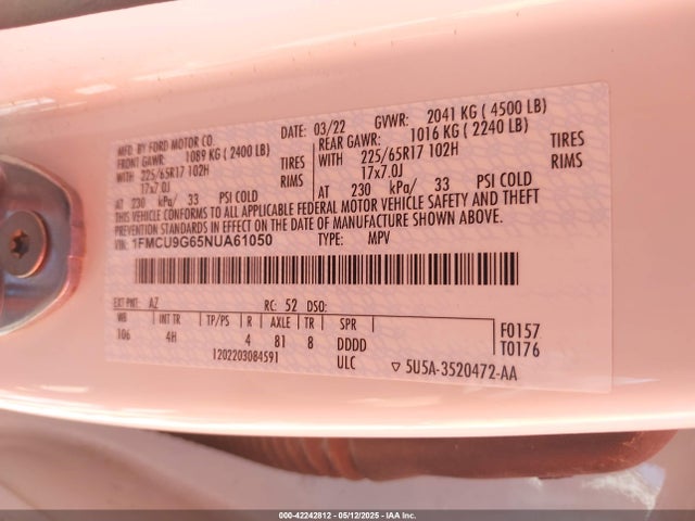 1FMCU9G65NUA61050 Ford ESCAPE SE