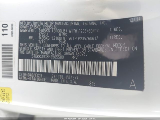5TDKK3DC8FS565580 Toyota Sienna Le 8 Passenger