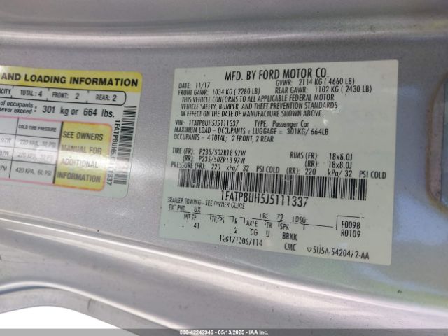 1FATP8UH5J5111337 Ford 2.3l 4v premium fuel