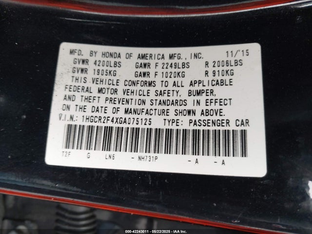 1HGCR2F4XGA075125 Honda ACCORD LX
