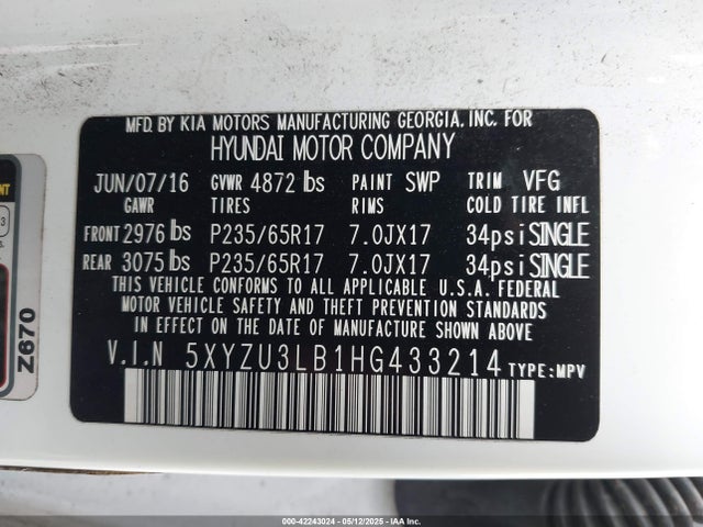 5XYZU3LB1HG433214 Hyundai gdi theta ii