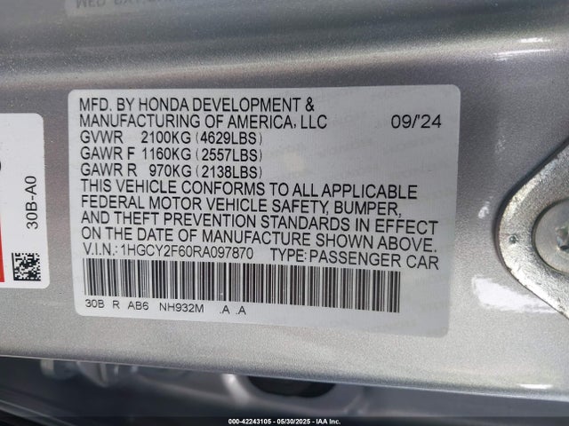 Honda lfc5 2024 1HGCY2F60RA097870 Image 9