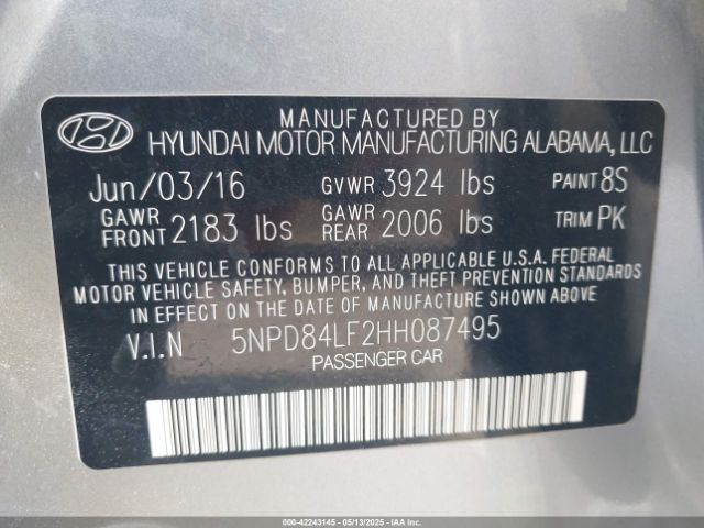 5NPD84LF2HH087495 Hyundai Elantra