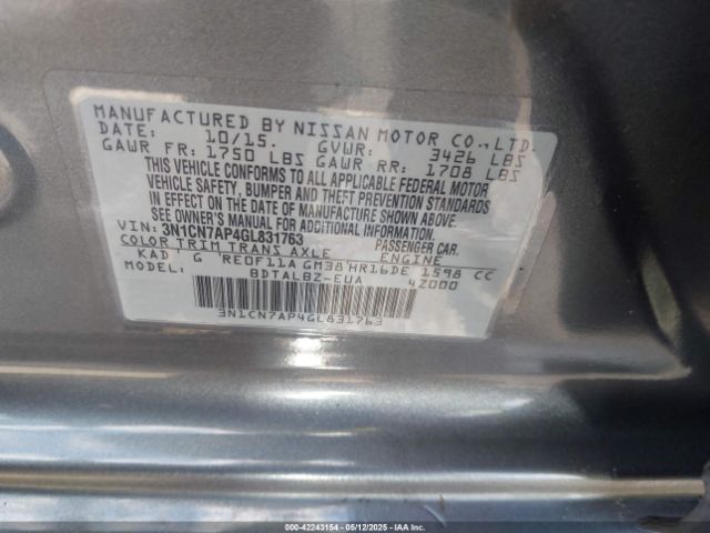 3N1CN7AP4GL831763 Nissan Versa 1.6 Sv