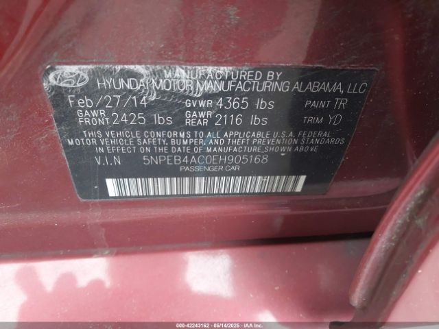 5NPEB4AC0EH905168 Hyundai SONATA GLS