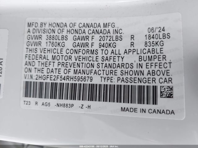 2024 HONDA CIVIC 2HGFE2F54RH595679 Photo 8