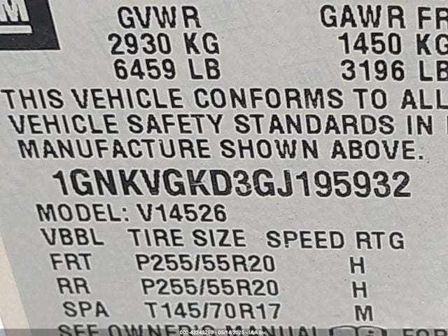 1GNKVGKD3GJ195932 Chevrolet Traverse 1lt