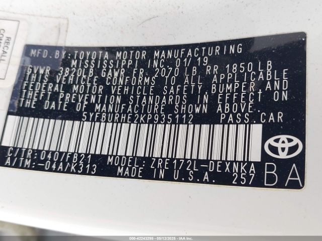 5YFBURHE2KP935112 Toyota COROLLA LE