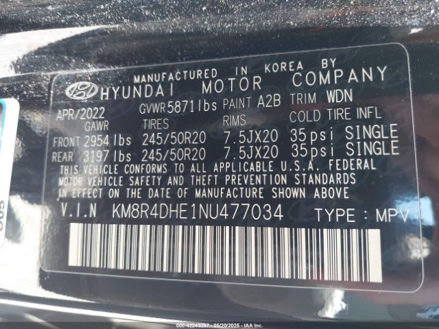 KM8R4DHE1NU477034 Hyundai Palisade Sel