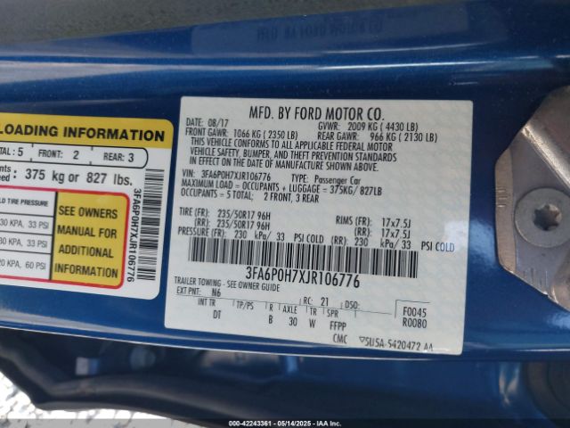 3FA6P0H7XJR106776 Ford FUSION SE