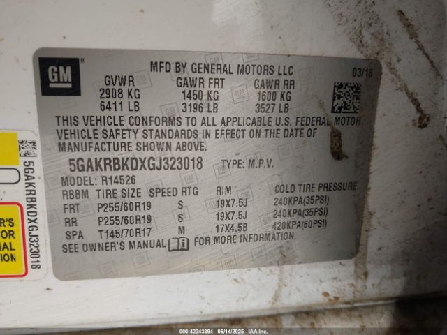 5GAKRBKDXGJ323018 Buick Enclave Leather