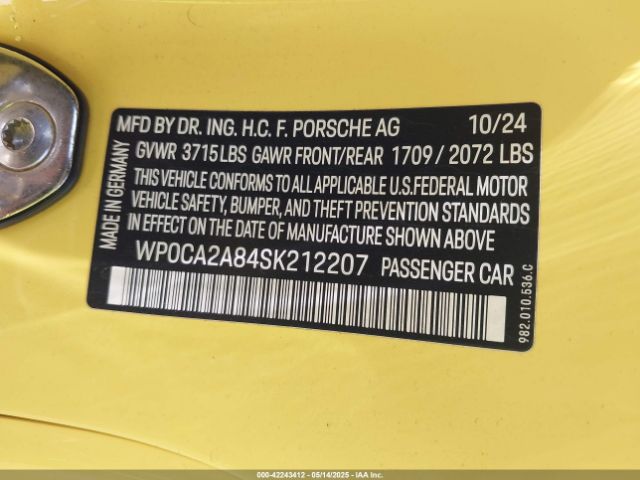 2025 PORSCHE 718 BOXSTER WP0CA2A84SK212207 Photo 8