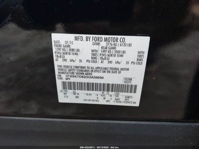 1FM5K7D82GGA56690 Ford EXPLORER XLT